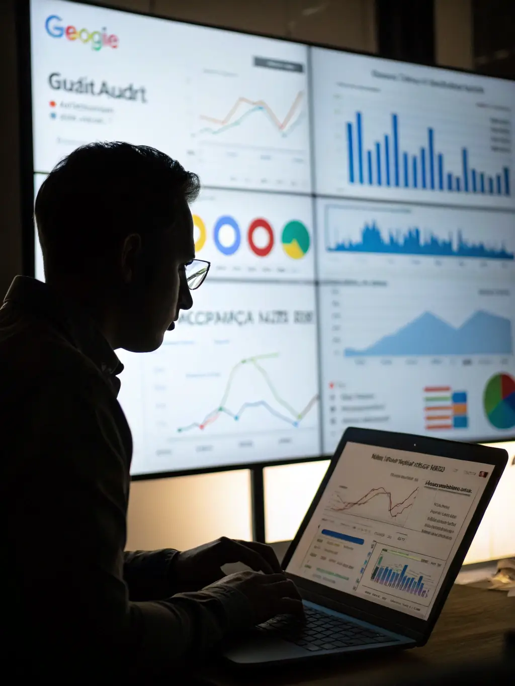 A data analyst reviewing marketing performance dashboards, highlighting the agency's data-driven approach.