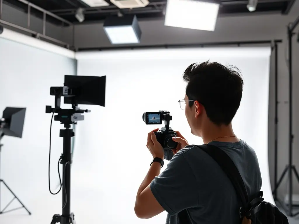 A professional photographer capturing a visually stunning product shot in a studio setting, highlighting the quality and appeal of the product for a web marketing campaign.